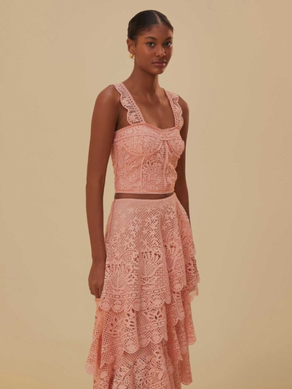 NWT FARM Rio Light Pink Guipure Lace Corset Top & Tiered Maxi Skirt Set S - Picture 6 of 16
